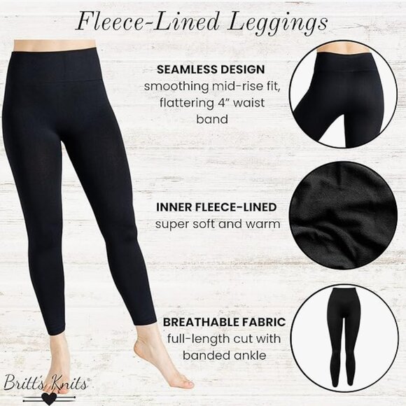 Britt's Knits Women's Fleece Lined Mid-Rise Warm Stretch Leggings - Set of 2 - Picture 3 of 5